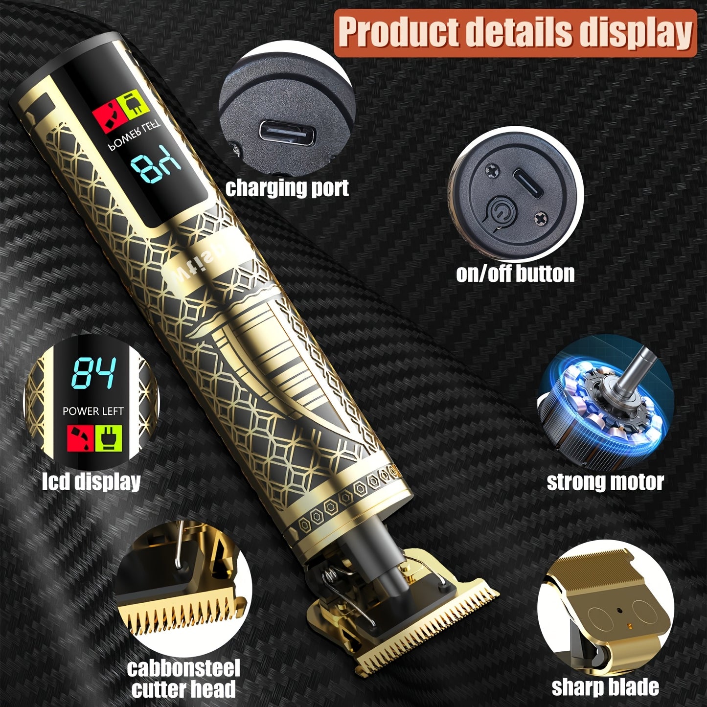 3pcs/se 1pc/sett Men's Professional Golden Hair Clipper & Trimmer Set - USB Rechargeable Hair Cutting Kit with LCD Display Including Electric Shaver, T-Blade Trimmer, 8 Limit Combs, 3 USB Cables, 3 Cleaning Brushes & Combs -