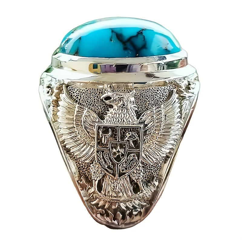 Men's Vintage Eagle Design Ring with Turquoise Stone – Retro Arabic Style Alloy Band, Intricate Engraved Eagle & Shield Motif, Perfect for Gifts, Parties, and Celebrations, Gift Ring | Retro Design | Engraved Jewelry, Best