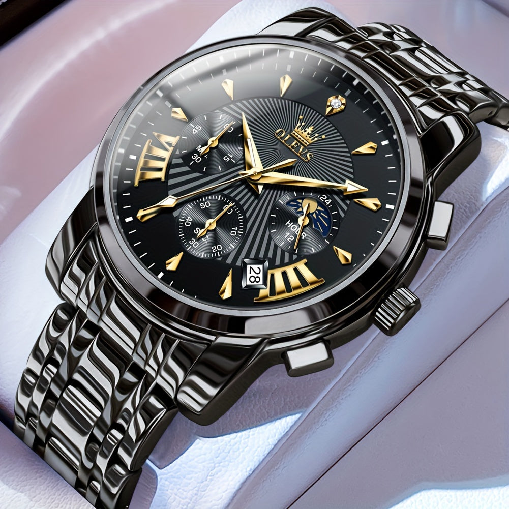 OLEVS Watch for Men Chronograph Stainless Steel Case Analog Quartz Fashion Business Dress Large Face Men Watch Day Date Luminous Waterproof Casual Male Wrist Watch