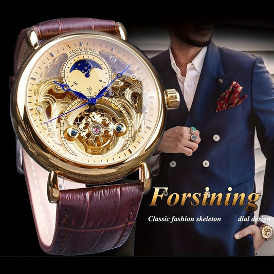 Forsining Vintage Royal Golden Men's Skeleton Watch - Tourbillon & Moon Dial, Blue Hands, Stainless Steel Case, Faux Leather Strap - Elegant Business Fashion Wristwatch, Mechanical Watches, Ideal Luxury Gifts, Casual