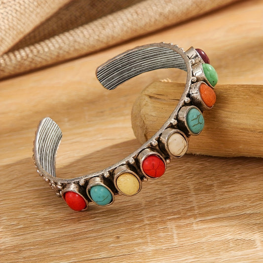 Vibrant Boho Turquoise Cuff Bracelet - Handcrafted Vintage Elegance with Adjustable Fit and Genuine Stones