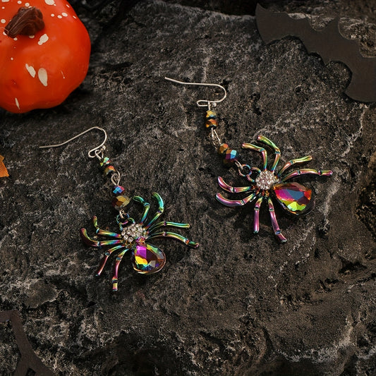 1 Pair of Spooky Chic Halloween Spider Dangle Earrings for Women - Colorful Rhinestone Accents, Zinc Alloy, Ideal for Daily Wear & Holiday Celebrations