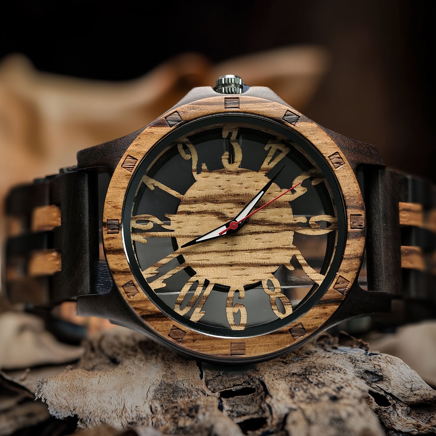 LeeEv Natural Mens Wood Watch, Transparent Hollowed Out Arabic Numeral Dial Quartz Wooden Watch, Quartz Movement Natural Wooden Watch Gift For Man Boys Father Son