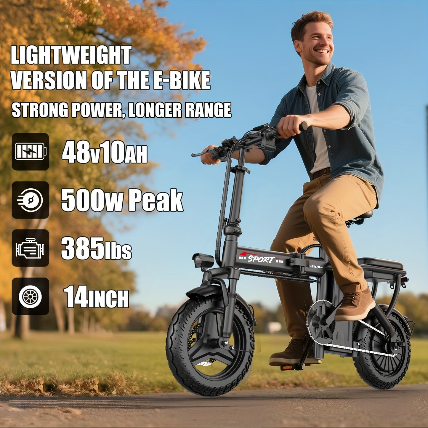 500W Lightweight Folding Electric Bike for Adults - 20MPH 35-Mile Range Commuter E-Bike with 48V 10AH Removable Battery, Front Headlight & Disc Brakes, 385 lbs Capacity, Alloy Steel Frame, Black, Foldable Electric Bike, Urban