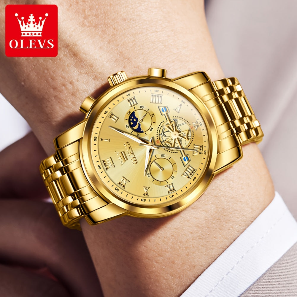[Luxury Men's Watch] OLEVS Luxury Men's Business Watch | Stainless Steel, Blue Dial, Golden Markers, Moon Phase Indicator, Luminous Hands, Quartz Movement, Roman Numerals & Crown Detailing | Versatile Wristwatch for Formal &