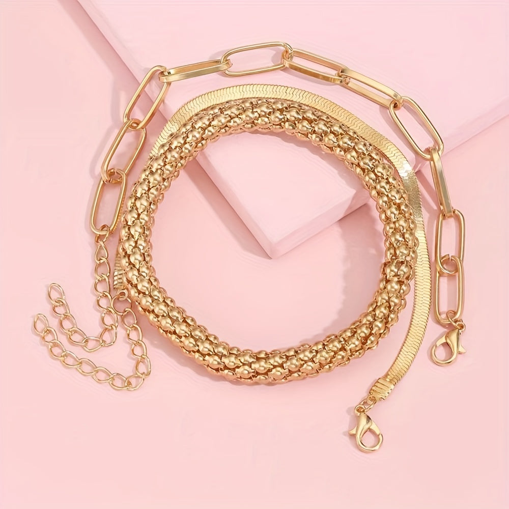 Trendy European And American Accessories: Hot-selling Multi-layer Snake Bone Chain Bracelet Set, Creative Vintage 3-piece Golden Chain Bracelet For Women.