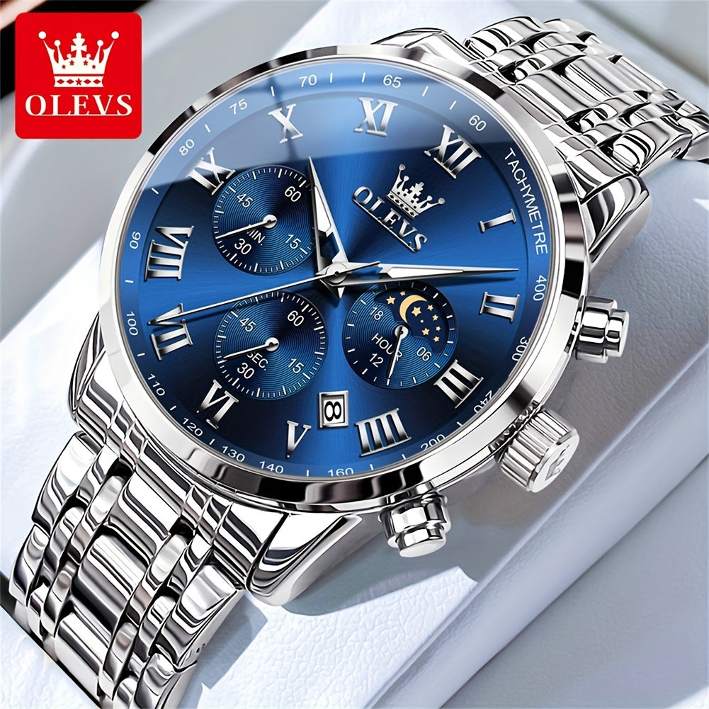 OLEVS Men Watch Stainless Steel Chronograph Roman Numerals Moon Phases Analog Quartz Luxury Dress Watch for Men