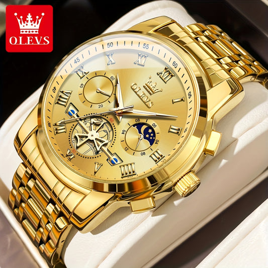 [Luxury Men's Watch] OLEVS Luxury Men's Business Watch | Stainless Steel, Blue Dial, Golden Markers, Moon Phase Indicator, Luminous Hands, Quartz Movement, Roman Numerals & Crown Detailing | Versatile Wristwatch for Formal &