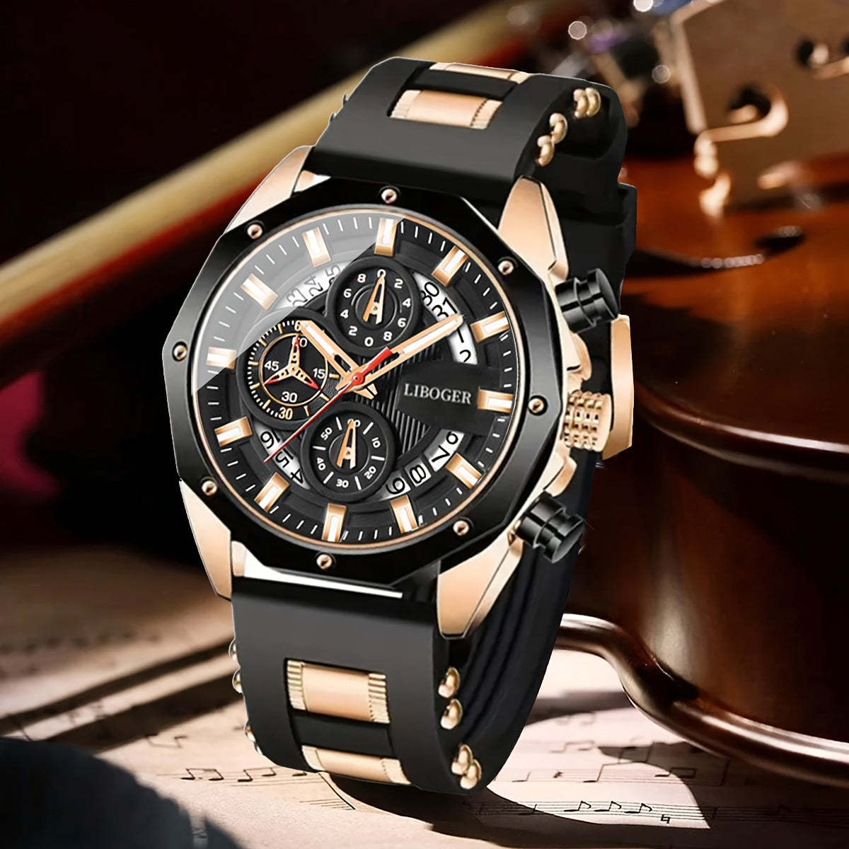 Men's Business Quartz Watch with Date Calendar, Large Blue Dial & Rose Golden Accents - Durable Silicone Strap, High Quality Casual & Formal Wristwatch for Men, Professional Timepiece, Sturdy Construction