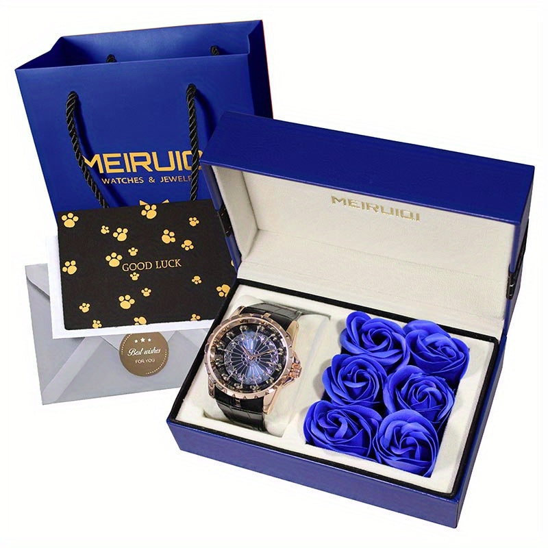1pc/Set Men'S Rose Black PU Belt Party Style Novel Round Table Twelve Knight Quartz Watch Gift Box Set, Christmas