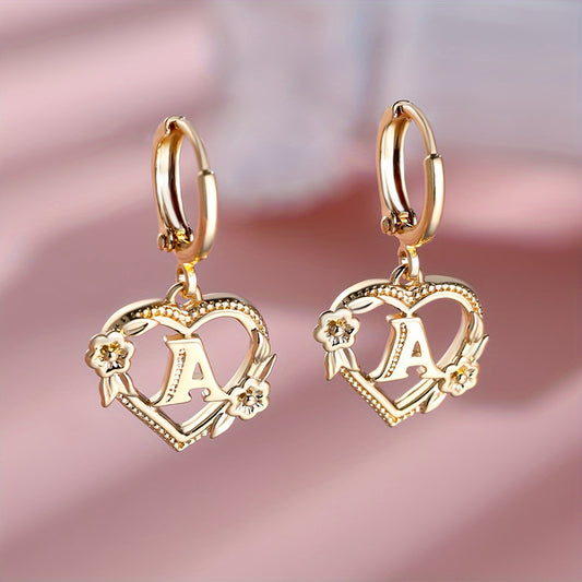 Golden Letter Heart Flower Stud Earrings for Women, Elegant Jewelry Suitable for Banquet and Party Wear