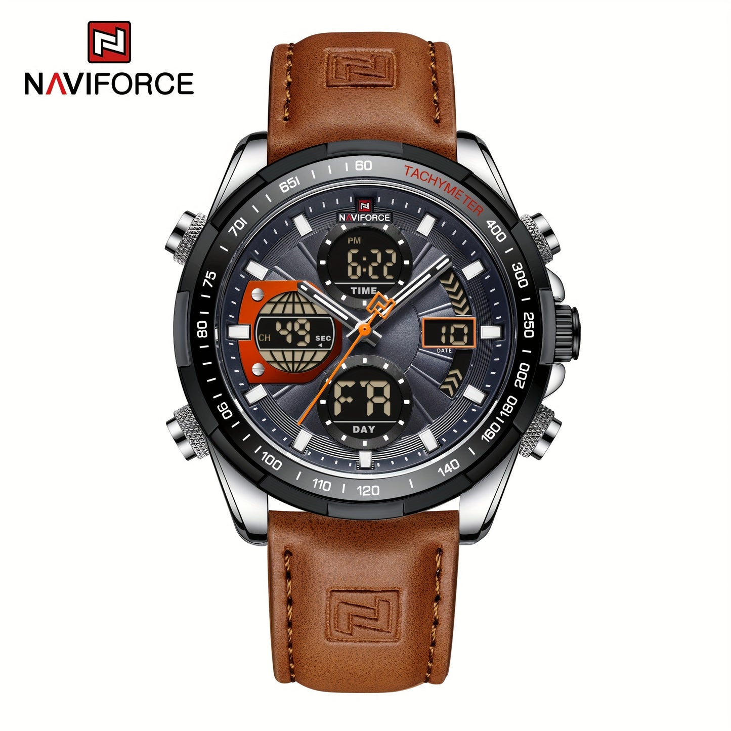 NAVIFORCE Men's Dual Display Sports Watch - Green Genuine Leather Strap, Stainless Steel Case, Chronograph & Date Functions, Ideal for Casual or Athletic Wear, Athletic Accessory|Classic Round Dial|Durable Zinc Alloy