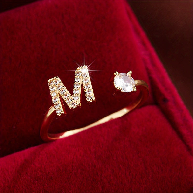[Copper Fashion Ring] Four-claw Round Zirconia Adjustable Copper Ring With 26 English Letters