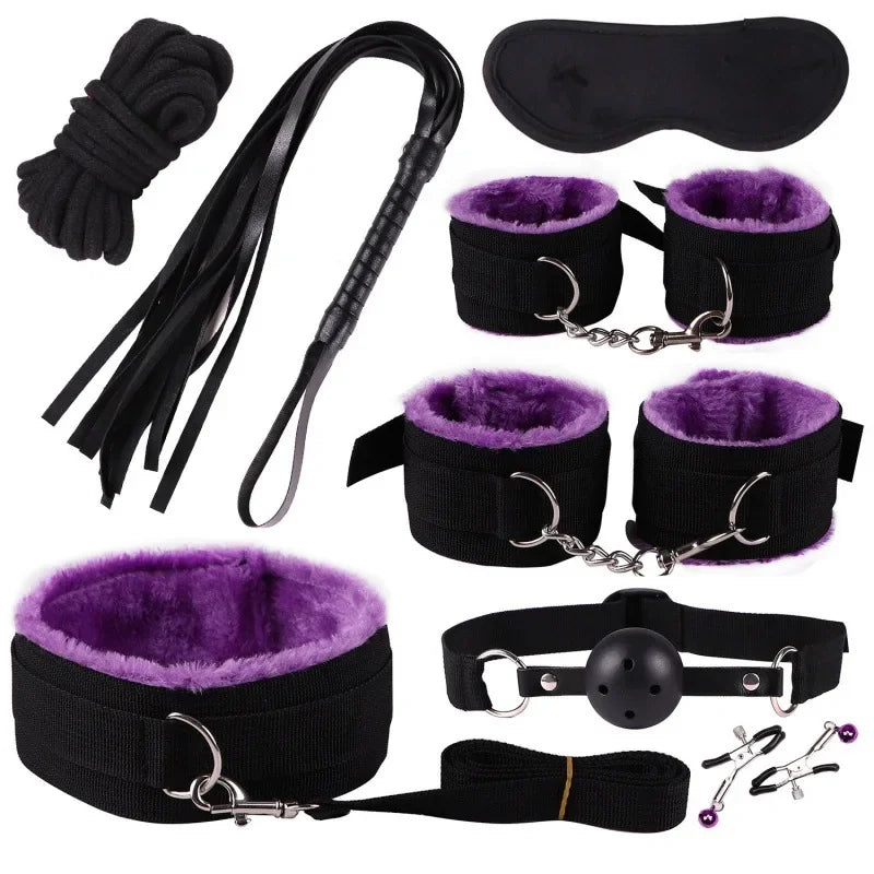 8PCS BDSM Restraint Set Female Handcuff Mouth Gag Eye Blinder Teaser Body Restraint SM Slave Cosplay Sex Toy Set Ankle Cuffs Kit