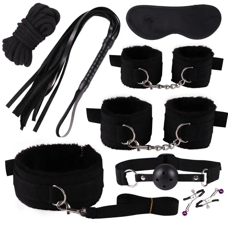 8PCS BDSM Restraint Set Female Handcuff Mouth Gag Eye Blinder Teaser Body Restraint SM Slave Cosplay Sex Toy Set Ankle Cuffs Kit