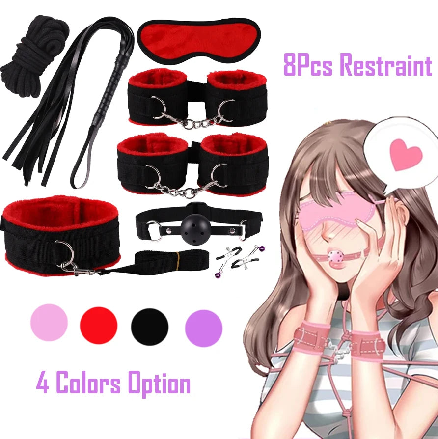 8PCS BDSM Restraint Set Female Handcuff Mouth Gag Eye Blinder Teaser Body Restraint SM Slave Cosplay Sex Toy Set Ankle Cuffs Kit
