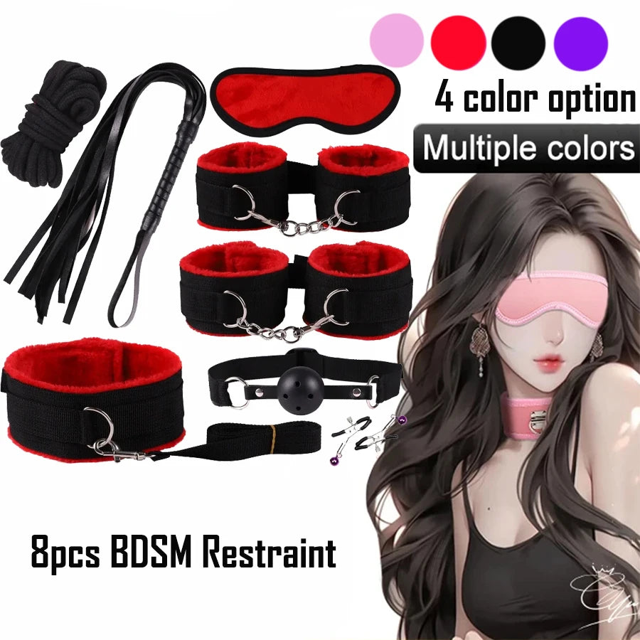 8PCS BDSM Restraint Set Female Handcuff Mouth Gag Eye Blinder Teaser Body Restraint SM Slave Cosplay Sex Toy Set Ankle Cuffs Kit