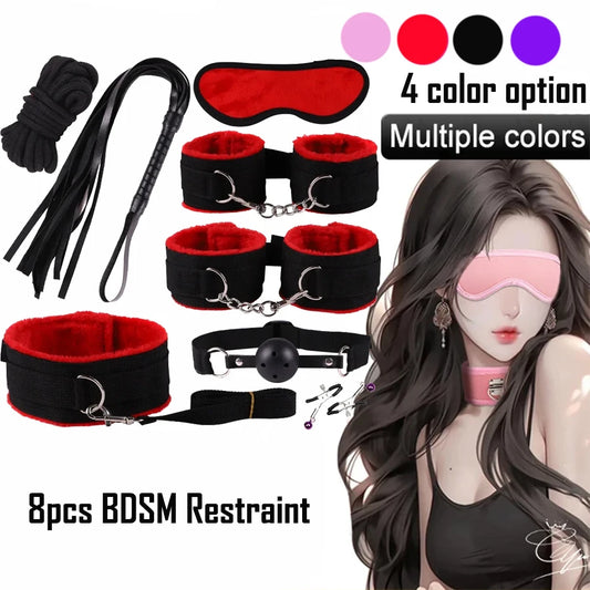 8PCS BDSM Restraint Set Female Handcuff Mouth Gag Eye Blinder Teaser Body Restraint SM Slave Cosplay Sex Toy Set Ankle Cuffs Kit