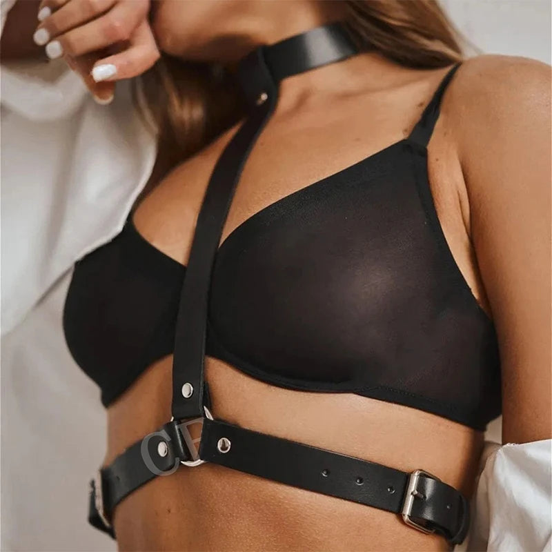 Women PU Leather Harness Sexy Lingerie Sexual Outfit Garter Belt Fetish BDSM Bodystockings Gothic Erotic Costume Gothic Bodysuit