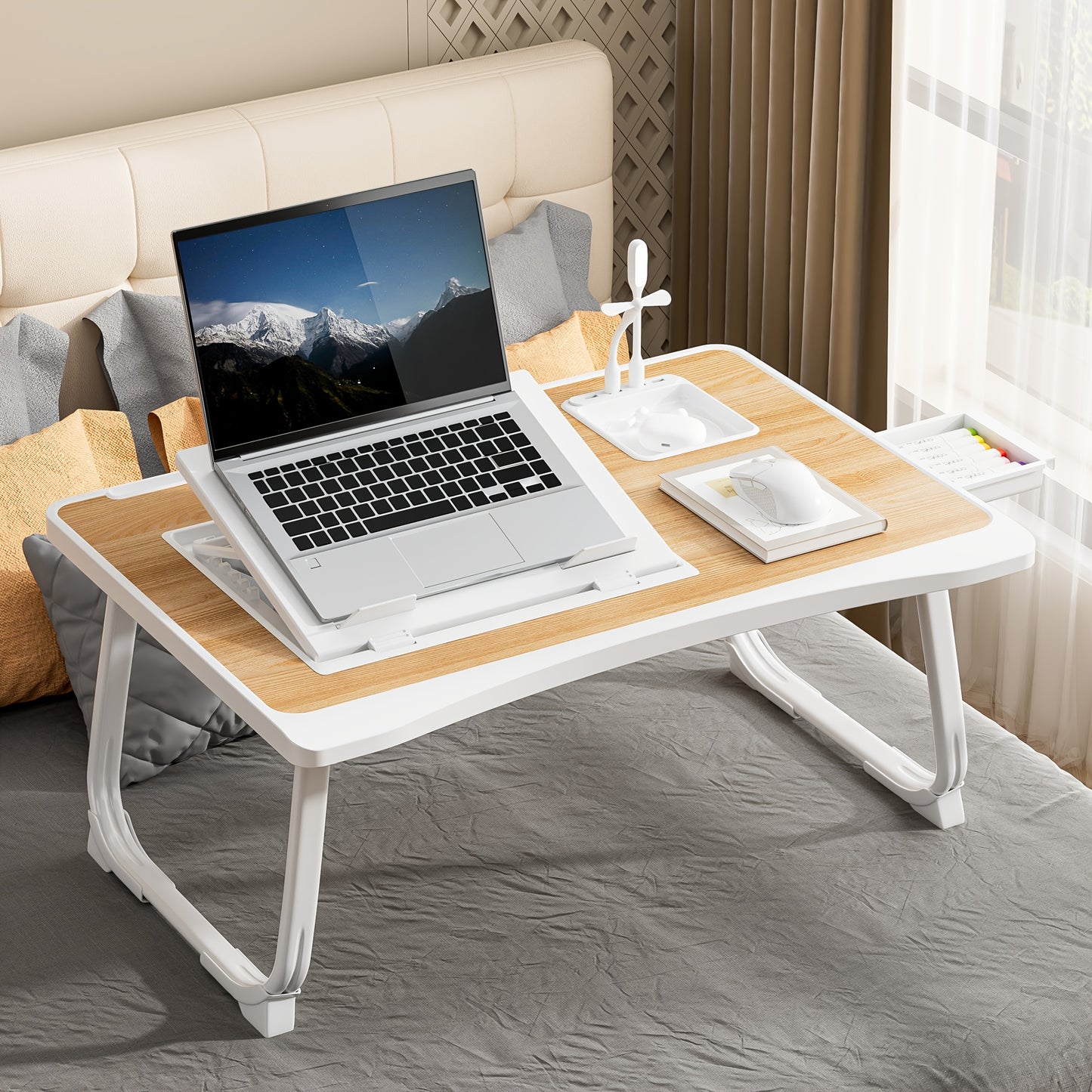 Portable Laptop Bed Table with Cup Holder & Tablet Card Slot - Multifunctional Tray for Eating, Reading, Writing - Stable Durable Foldable Design for Bed, Sofa, Floor - Lightweight & Space-Saving, Bed Table for Laptop, Sofa A