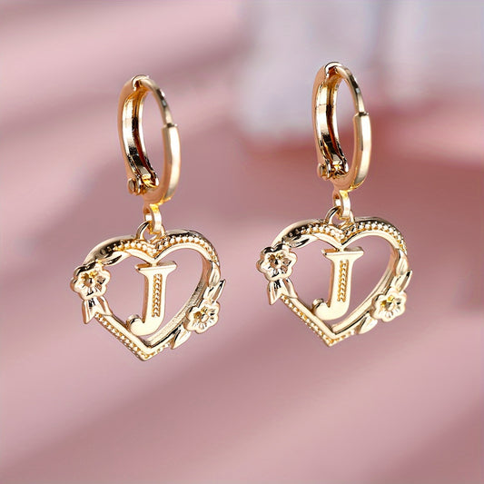 Golden Letter Heart Flower Stud Earrings for Women, Elegant Jewelry Suitable for Banquet and Party Wear