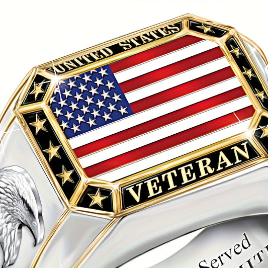 Men's Patriotic American Flag Ring Geometric Square Star & Stripe Design, Punk Hip Hop Rapper Jewelry, Independence Day Military Gift, Anniversary Band for Him