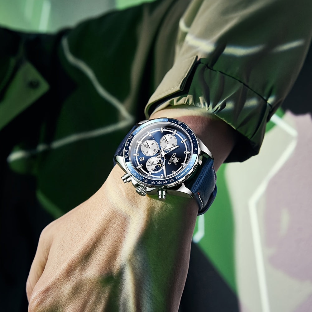 OLEVS Men'S Luxury Watches Blue Leather, Casual Watches for Men, Chronograph Watches Moon Phase Quartz Male Watch Wrist Watch Big Face with Calendar Wristwatch Relojes De Hombre