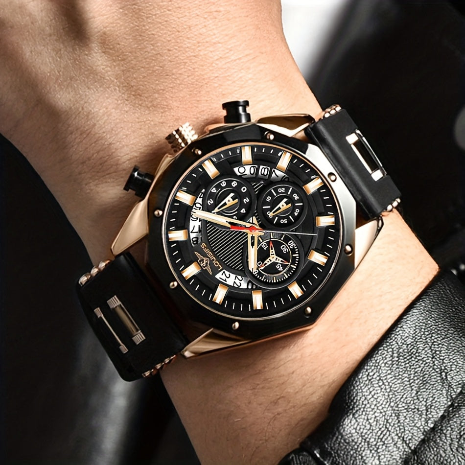 Men's Luxury Watch - Large Dial with Date Window, Quartz Movement, Navy Blue Dial & Golden-Tone Accents, for Business, Formal & Casual Attire - Ideal Gift for Men, Business Wristwatch, Sporty Elegant Design, Textured Strap De