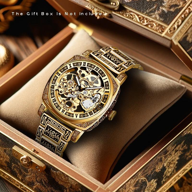 1pc Elegant Men'S Mechanical Watch, Goldene Zinc Alloy Case, Self-Winding Round Dial with Carved Night Light Design, Pointer Display, Zinc Alloy Strap - No Battery Required