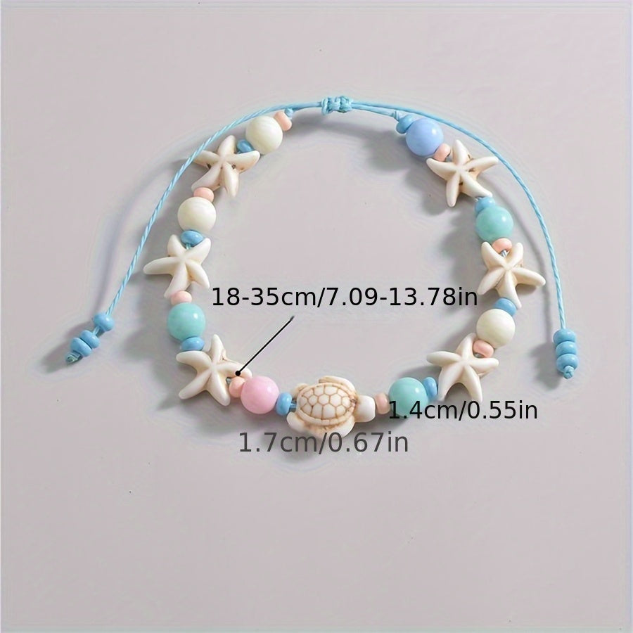 1pc Ocean-Themed Beach Vacation Bracelet - Starfish & Turtle Acrylic Bead Strand with Pastel Blue Green Beads, Lightweight Durable Summer Party Jewelry for Women, Year-Round Casual Wear