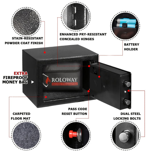 Heavy-Duty Fireproof Steel Safe with Cash Bag - Secure Home Safe Box with Keypad & Key Lock, Ideal for Storing Money, Documents, and Valuables (Black), Valuables Storage | Sleek Black Safe | Durable Metal Safe, Safe Box for H