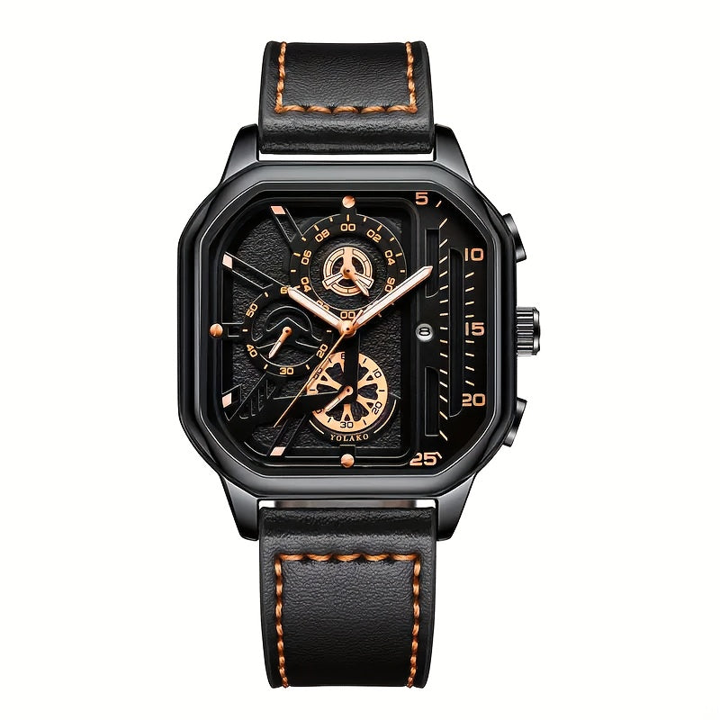 Men's Vintage Sports Quartz Watch with Large Dial, Date Calendar, Rose Golden Accents & Black Faux Leather Strap - Business Casual Wristwatch, Ideal Gift for Him, Everyday Luxury Watch, Durable Wristwatch