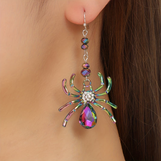 1 Pair of Spooky Chic Halloween Spider Dangle Earrings for Women - Colorful Rhinestone Accents, Zinc Alloy, Ideal for Daily Wear & Holiday Celebrations
