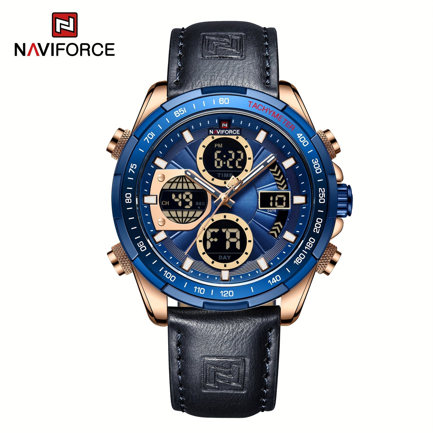 NAVIFORCE Men's Dual Display Sports Watch - Green Genuine Leather Strap, Stainless Steel Case, Chronograph & Date Functions, Ideal for Casual or Athletic Wear, Athletic Accessory|Classic Round Dial|Durable Zinc Alloy