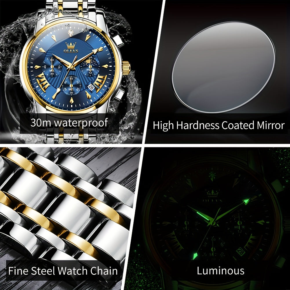 OLEVS Watch for Men Chronograph Stainless Steel Case Analog Quartz Fashion Business Dress Large Face Men Watch Day Date Luminous Waterproof Casual Male Wrist Watch