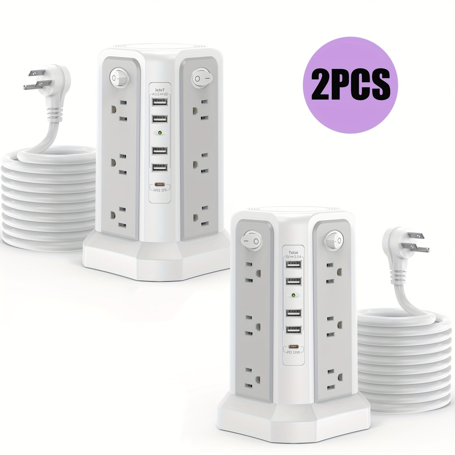 LEVEL 4 Upgraded New Product Flat Plug 16 AC Outlets Power Strip Tower with USB/USB C Port, Surge Protector Power Tower with 5 USB Charging Ports, Extension Cord Desktop Power Strip