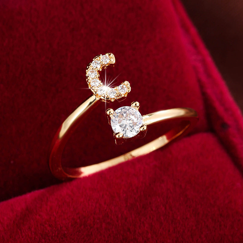 [Copper Fashion Ring] Four-claw Round Zirconia Adjustable Copper Ring With 26 English Letters