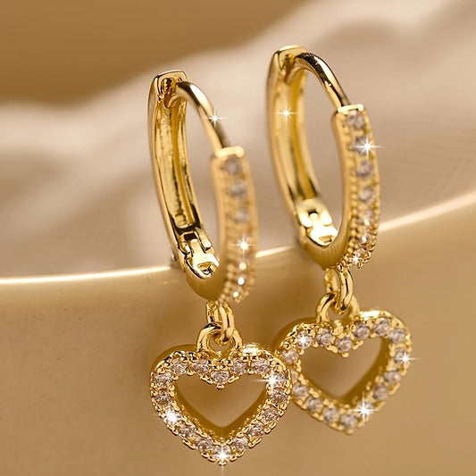 18K Golden Plated Copper Hoop Earrings with Heart Drop Pendant, Synthetic 3A Zirconia, Simple Sexy Style, No Power Required, Ideal for Daily Wear and Gift-Giving