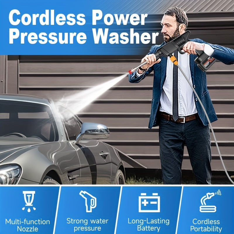 [High Pressure | Cordless] Cordless 21V High Pressure Water Gun | Adjustable Nozzle, Rechargeable Lithium Battery, 4 Interchangeable Nozzles, 3 Spray Modes | Portable Power Cleaning Tool for Car & Garden Cleaning, Outdoor Use