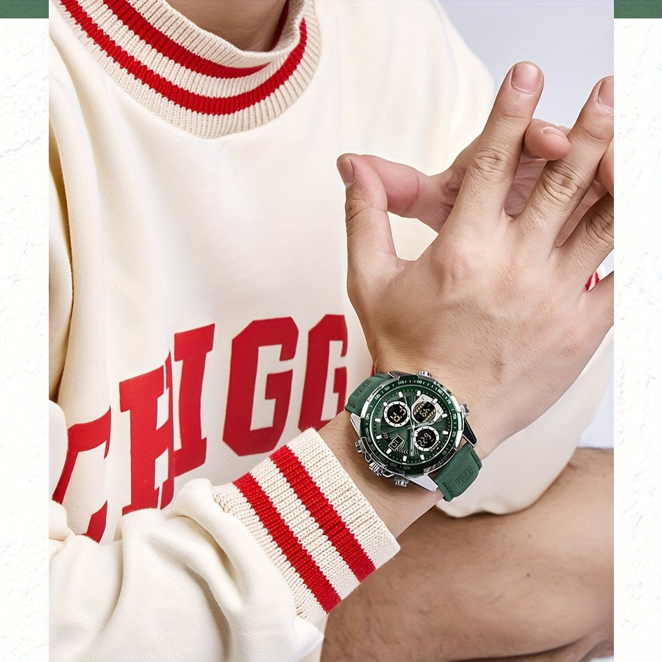 NAVIFORCE Men's Dual Display Sports Watch - Green Genuine Leather Strap, Stainless Steel Case, Chronograph & Date Functions, Ideal for Casual or Athletic Wear, Athletic Accessory|Classic Round Dial|Durable Zinc Alloy