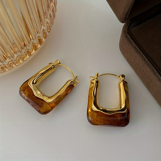 1 Pair Elegant Vintage U-Shaped Hoop Earrings with Golden-Tone Finish & Resin Inlay – Stylish Everyday Accessory for Women, Perfect Gift for Mother’s Day or Daily Wear