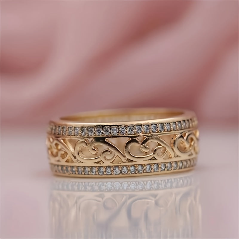 1pc, Elegant & Luxury Style, Engrave Hollow Flower Texture Wide Ring, Inlay Shiny Rhinestone Ring, Fashion Delicate Accessory For Daily Wear & Party, Idea Gift For Friends