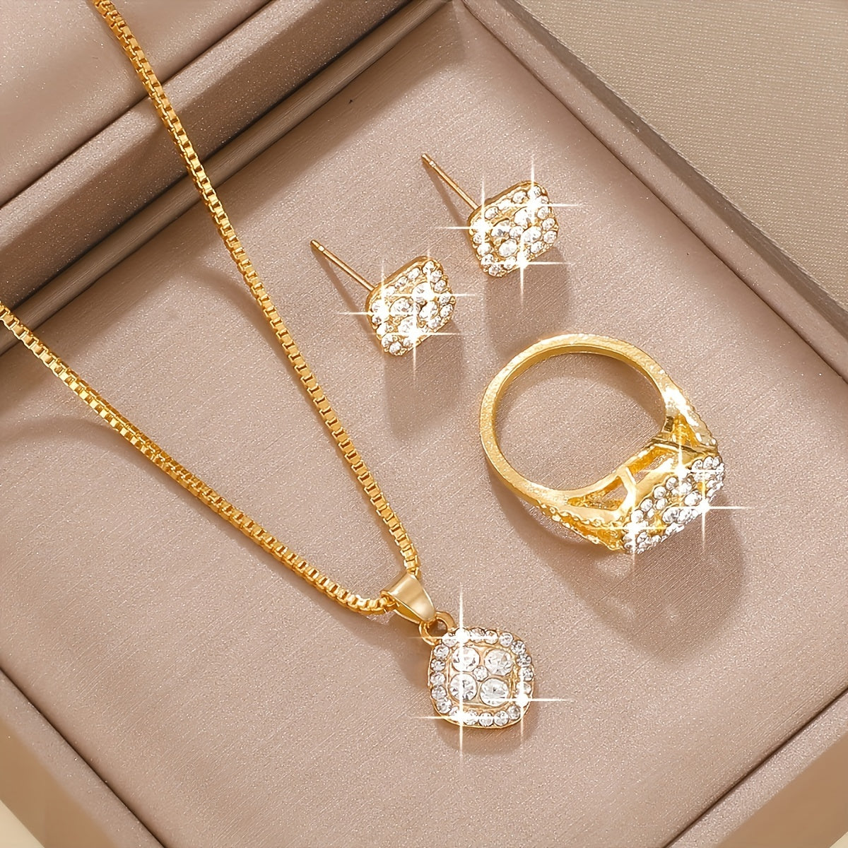 [Minimalist Jewelry] 4PCS Minimalist Women's Fashion Square Jewelry Set | Glass Inlay, Alloy Base, Suitable for Everyday Wear, Perfect for Teacher's Day/Back to School/Graduation Season