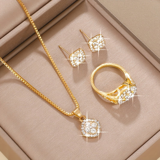 [Minimalist Jewelry] 4PCS Minimalist Women's Fashion Square Jewelry Set | Glass Inlay, Alloy Base, Suitable for Everyday Wear, Perfect for Teacher's Day/Back to School/Graduation Season