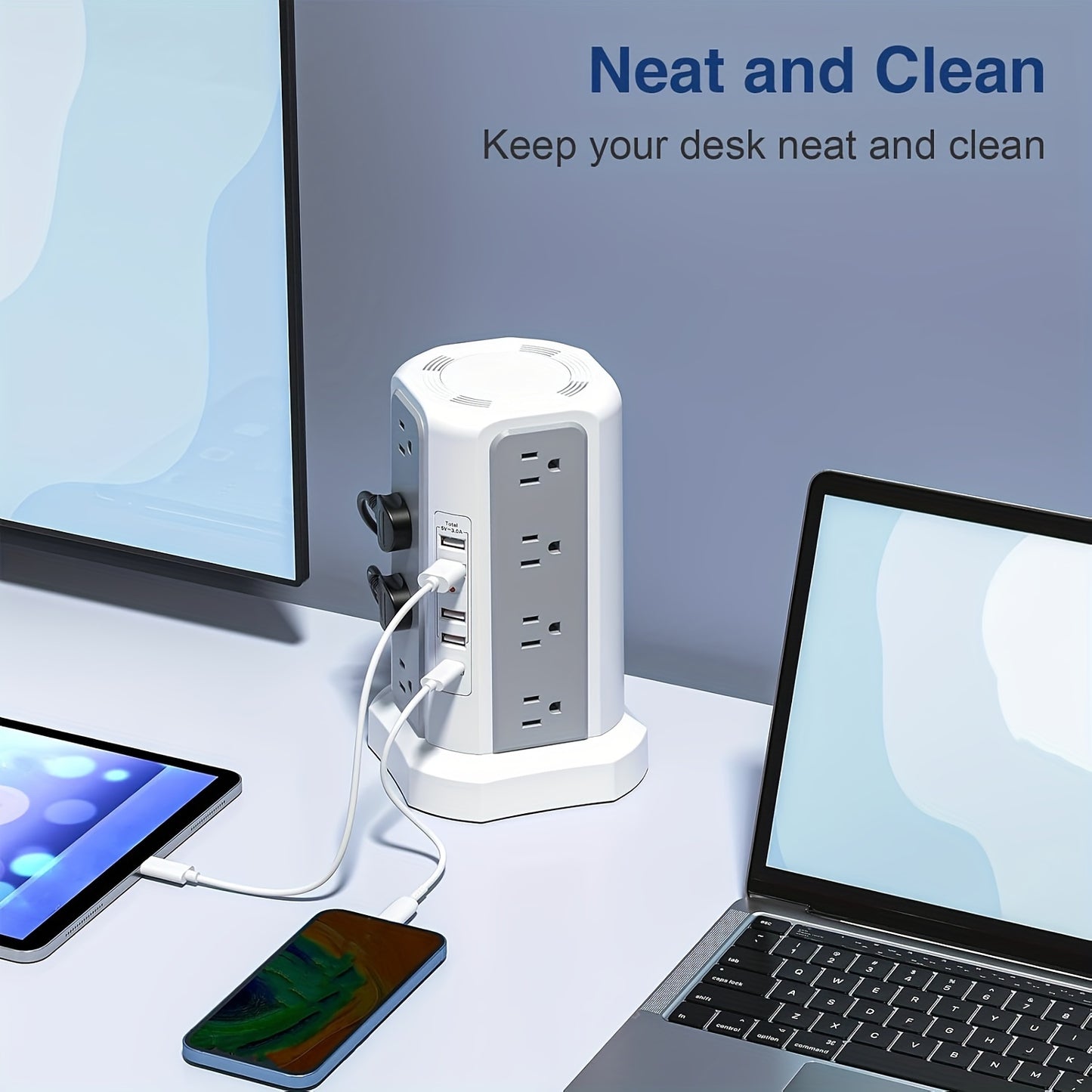 LEVEL 4 Upgraded New Product Flat Plug 16 AC Outlets Power Strip Tower with USB/USB C Port, Surge Protector Power Tower with 5 USB Charging Ports, Extension Cord Desktop Power Strip