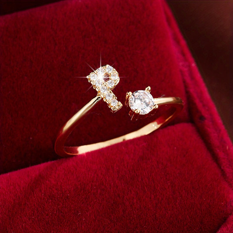 [Copper Fashion Ring] Four-claw Round Zirconia Adjustable Copper Ring With 26 English Letters