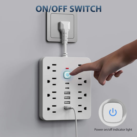 14-in-1 Power Strip Surge Protector with 8AC Outlets, 4USB & 2Type-C Ports | Multi Plug Outlet Expander, USB Wall Plug, Compact Desk Multi-plug Outlet | Flat Plug Design, Space-Saving Extension Cord for Home, Office And Kitch