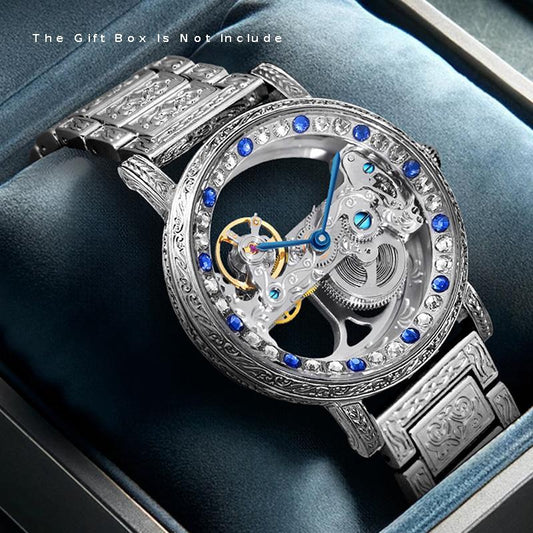 1pc Men's Silvery Steel Strip Fashion Style Gorgeous Carved Set Flywheel Mechanical Watch