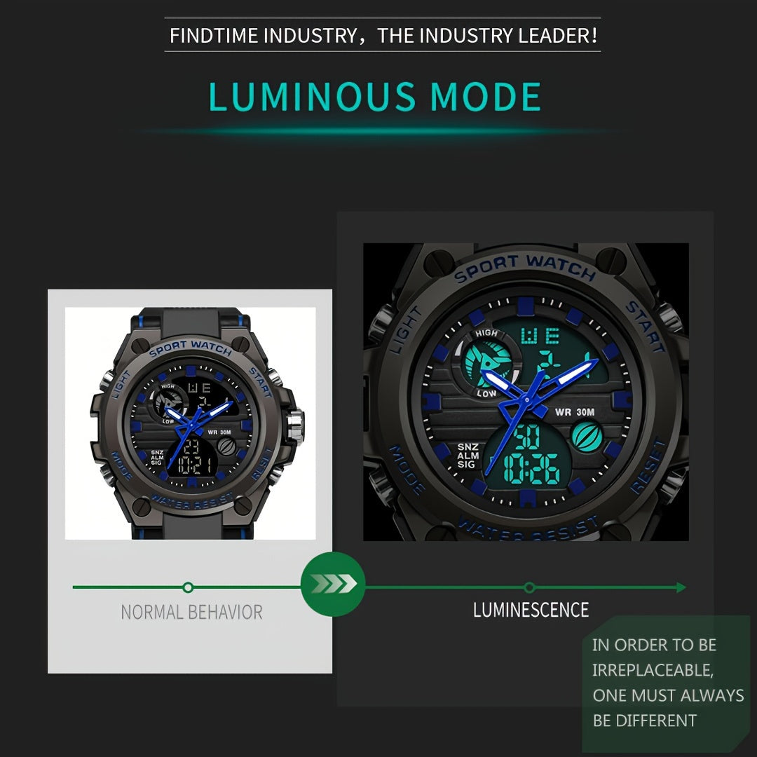 Rugged Men's LED Digital & Analog Sports Watch - to 30m, Stopwatch, Dual Display, Durable Black Resin Band, Zinc Alloy Case, for Outdoor Adventures