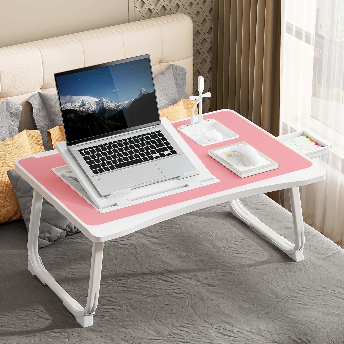 Portable Laptop Bed Table with Cup Holder & Tablet Card Slot - Multifunctional Tray for Eating, Reading, Writing - Stable Durable Foldable Design for Bed, Sofa, Floor - Lightweight & Space-Saving, Bed Table for Laptop, Sofa A